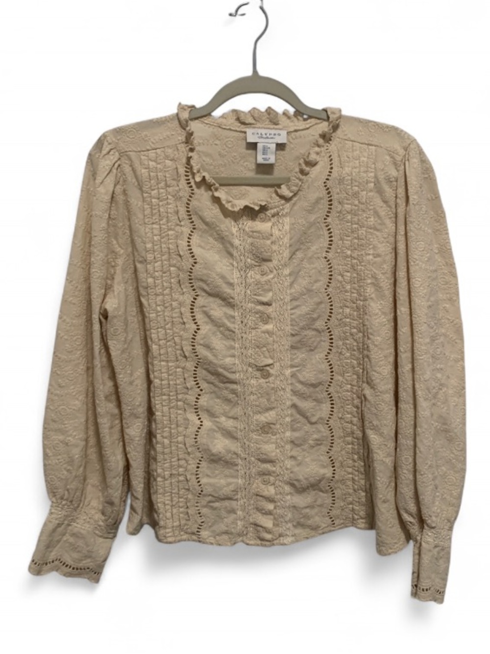 Calypso St Barth Cream Ruffled Embroidered Long Sleeve Button-Up Blouse